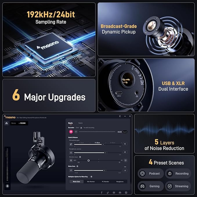 MAONO USB XLR Dynamic Microphone for Podcast: PC Computer Gaming Mic with 192kHz/24bit for Studio Recording Streaming Content Creation (PD300XT+BA37)