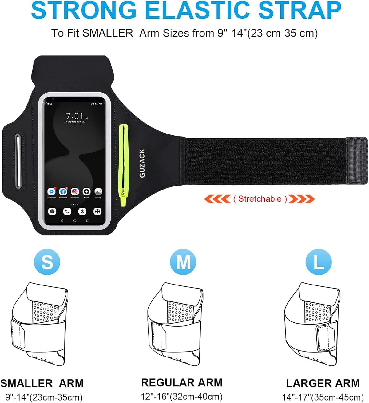 GUZACK Running Armband for iPhone 16 15 14 13 Pro Max, Galaxy S25 S24 S23 S22, with Card Slot & Key Pockets, Running Phone Holder, Fit Up to 6.9 Inches Phone - Size S (Smaller Arm 9-14 in)