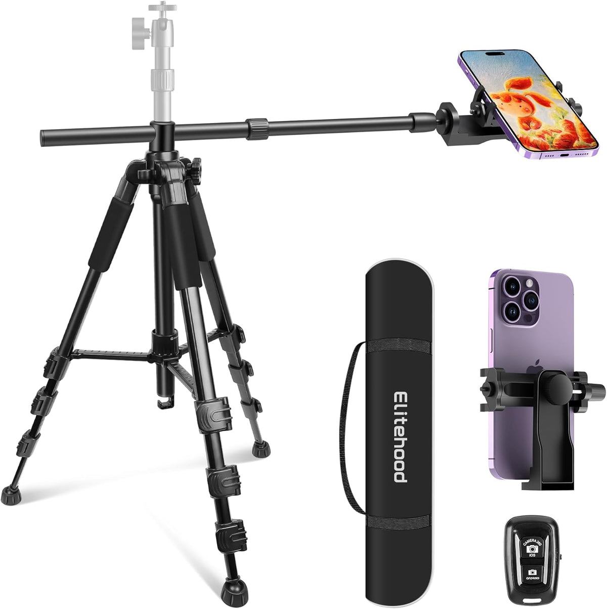 Elitehood Ultra-Stable Overhead Tripod for iPhone – Heavy Duty Aluminum iPhone Tripod Stand, 360°Adjustable & 25in Horizontal Long Phone Arm, Tall Phone Holder Stand Mount for Recording