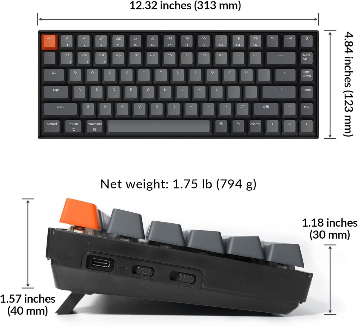 Keychron K2 75% Layout Bluetooth Mechanical Keyboard K Pro Red Switch/White LED Backlit/Anti Ghosting/N-Key Rollover/84 Key USB C Wired Computer Keyboard for Mac Windows-Version 2