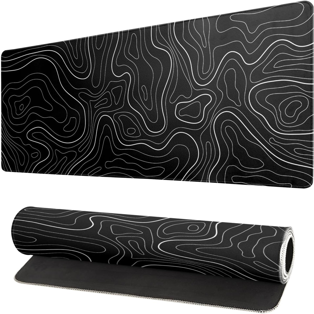 Topographic Contour Black Gaming Mouse Pad XL Geographic Map Lines Extended Big Large Desk Mat Non-Slip Rubber Base Stitched Edge Long Keyboard Mousepad for PC Computer Laptop,31.5x11.8 Inch
