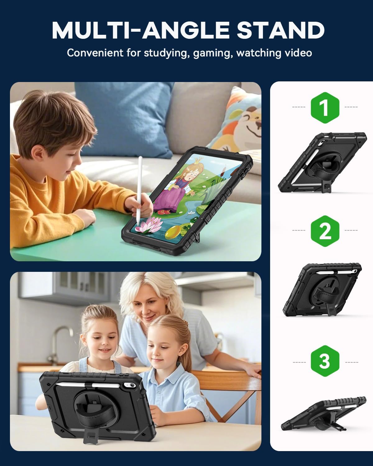 Cantis Case for iPad 11-inch (A16) 2025/ iPad 10th Generation 2022 (10.9 inch) with Screen Protector, iPad 11th Case with 360 Degree Rotating Stand/Shoulder Strap/Pencil Holder, Black