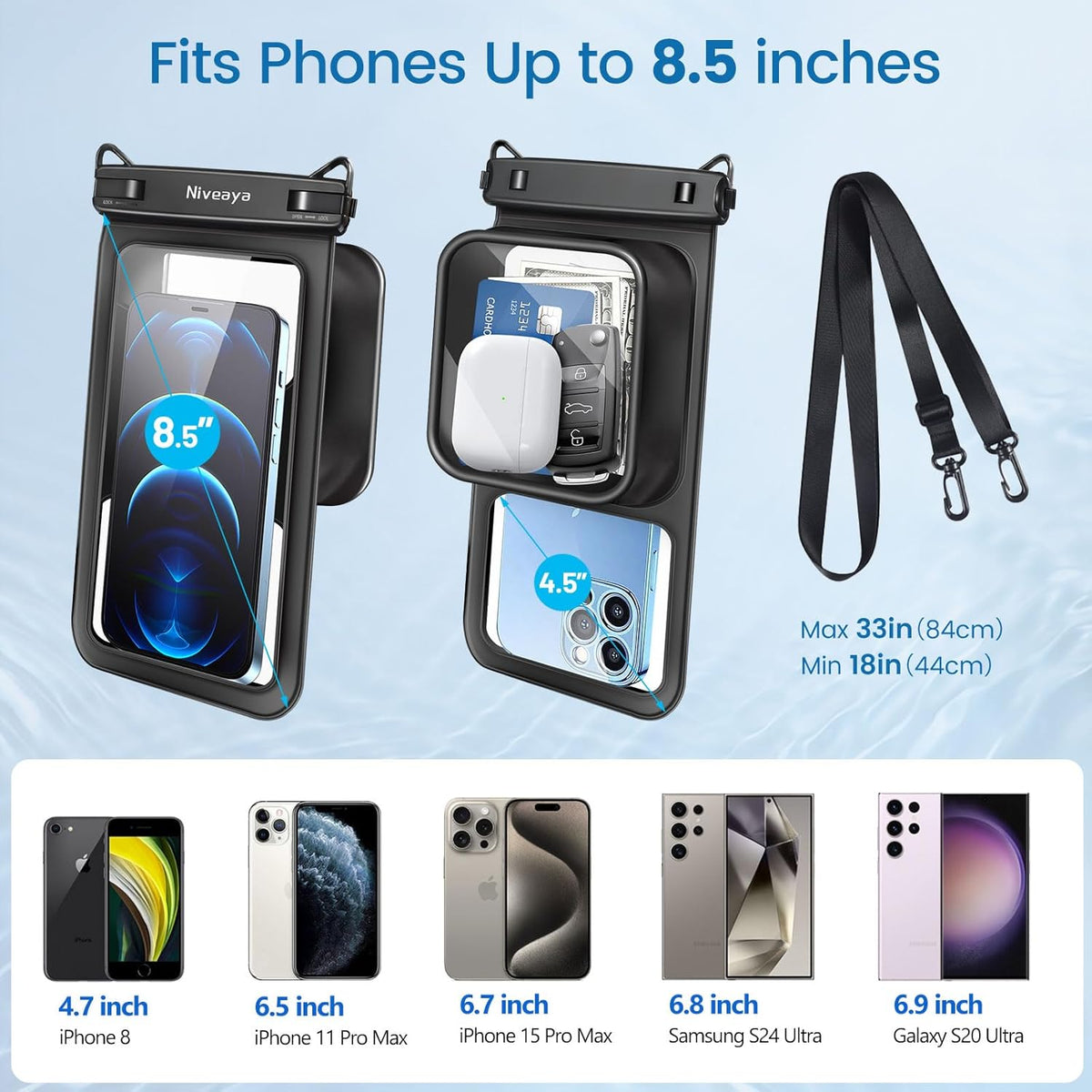 Niveaya [Floatable Floating Waterproof Phone Pouch 2 Pack-Up to 8.5", Large Space Adjustable Neck Lanyard Waterproof Phone Case, Phone Dry Bags for Vacation Beach Pool Kayak Cruise Travel Essentials