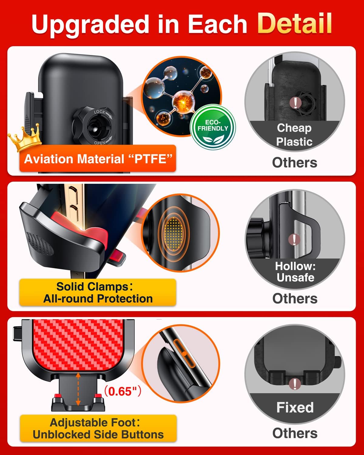 VANMASS Car Phone Holder Mount 2025 Upgraded [Patent Steel-Hook] Car Vent Phone Mount Clip Military-Grade Shockproof Cell Phone Car Mount Handsfree Truck Stand Vent Cradle for iPhone 16 Android,Red