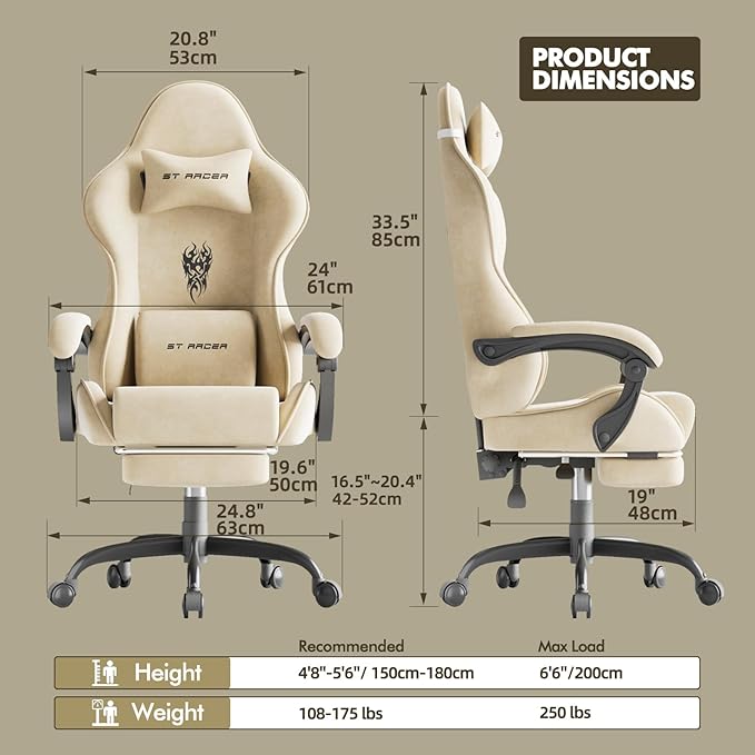 Ferghana Velvet Fabric Gaming Chair High Back Ergonomic Gamer Chair for Adult Comfortable Video Game Chair with Footrest and Massage Lumbar Cushion Racing Reclining Office Computer Desk Chair Beige
