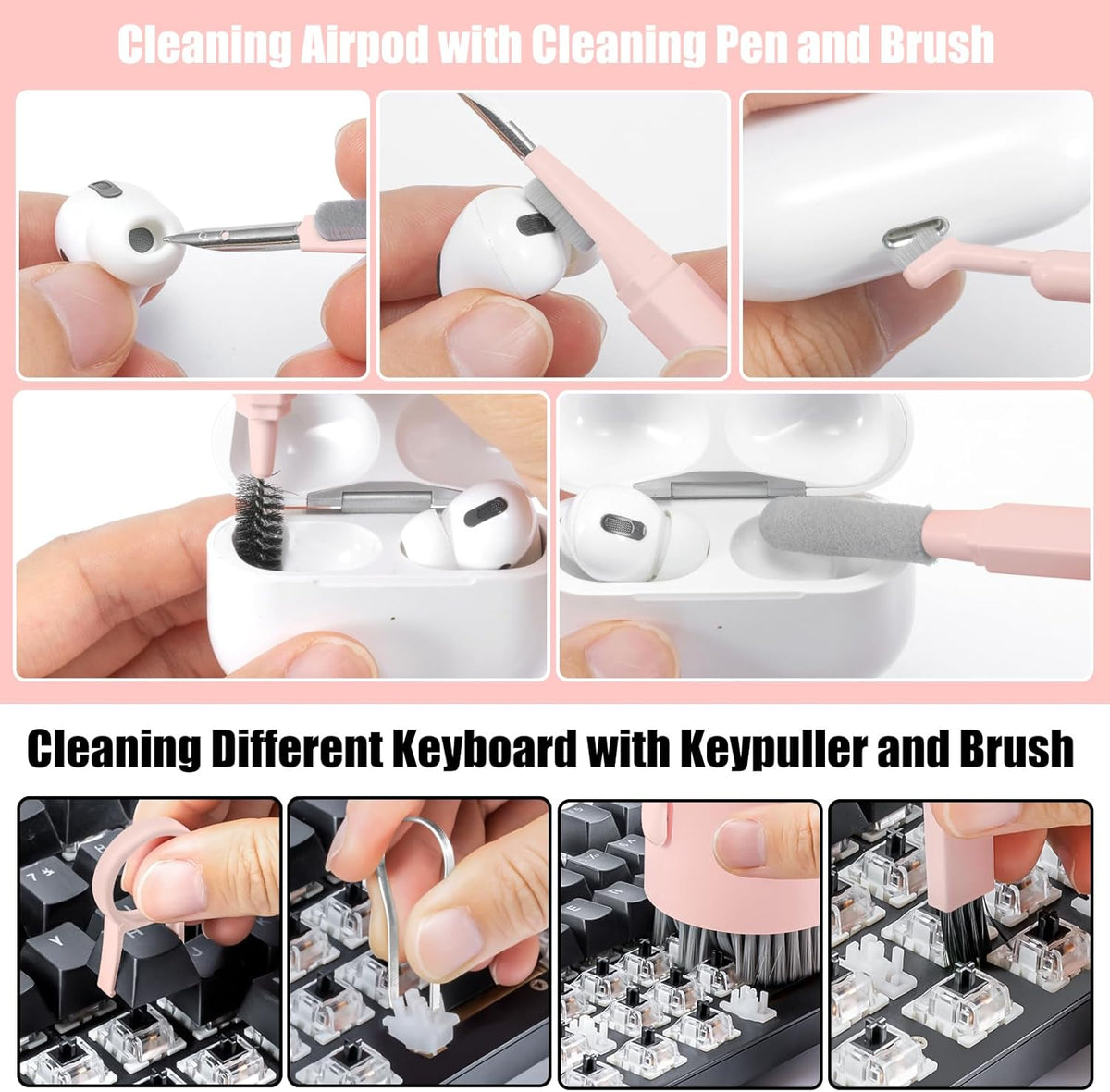 walrfid Laptop Phone Screen Cleaner Kit, Computer Keyboard Brush Cleaning Spray for iPhone AirPods MacBook iPad, 20-in-1 Electronic Device Clean Tool for Camera Earbud Car Screens (Pink)