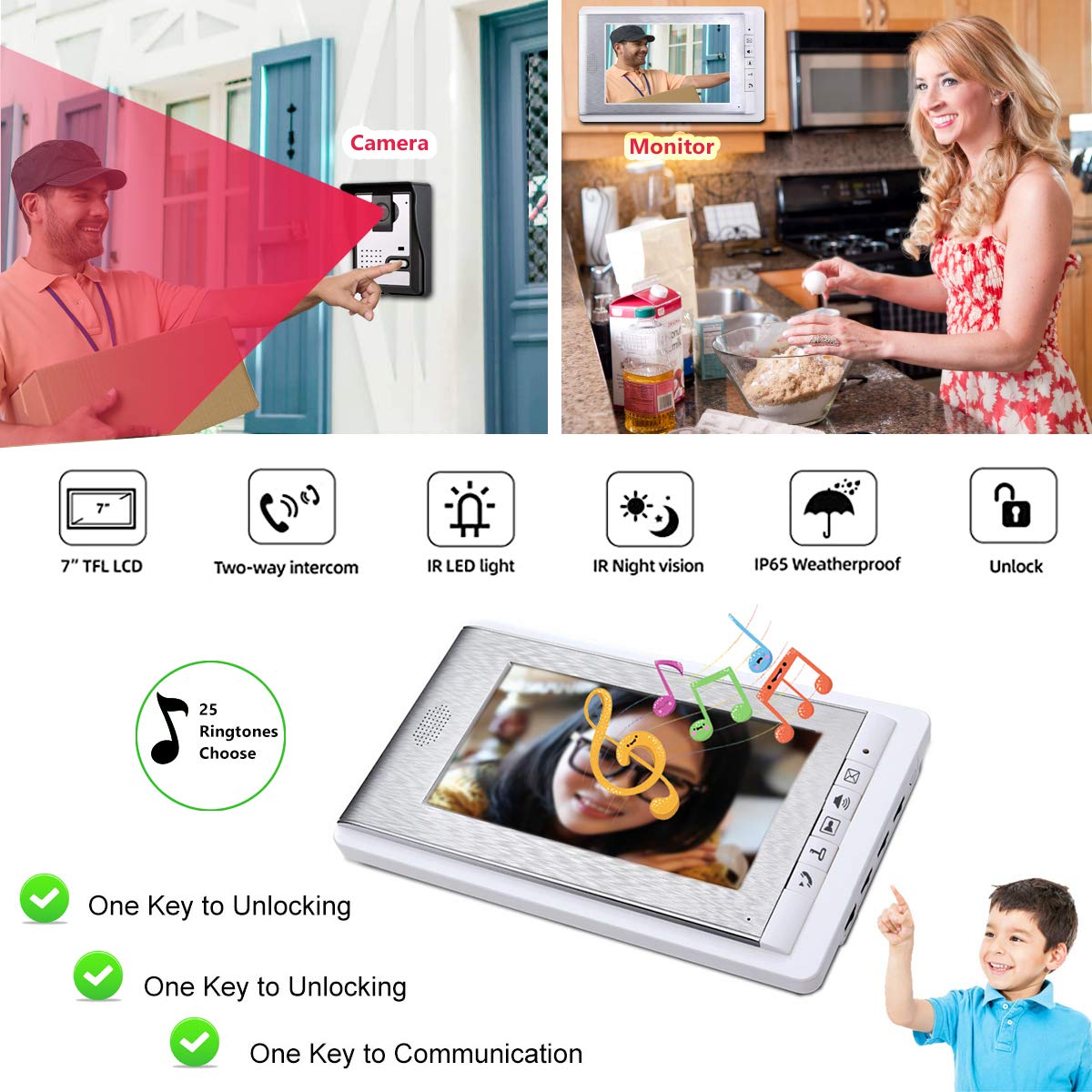 AMOCAM Wired Video Intercom Doorbell System 7 Inches LCD Monitor Video Door Phone Kits Support Monitoring,Unlock,Dual-Way Door Intercom for Villa