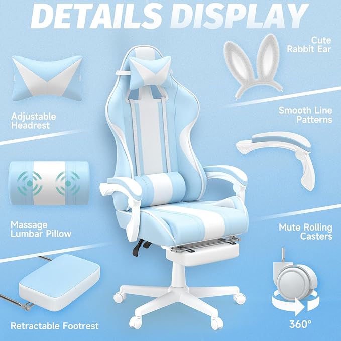 Ferghana Kawaii Light Blue Gaming Chair with Bunny Ears Ergonomic Cute Gamer Chair with Footrest and Massage Racing Reclining Home Computer Game Chair for Girls Adults Teens Kids