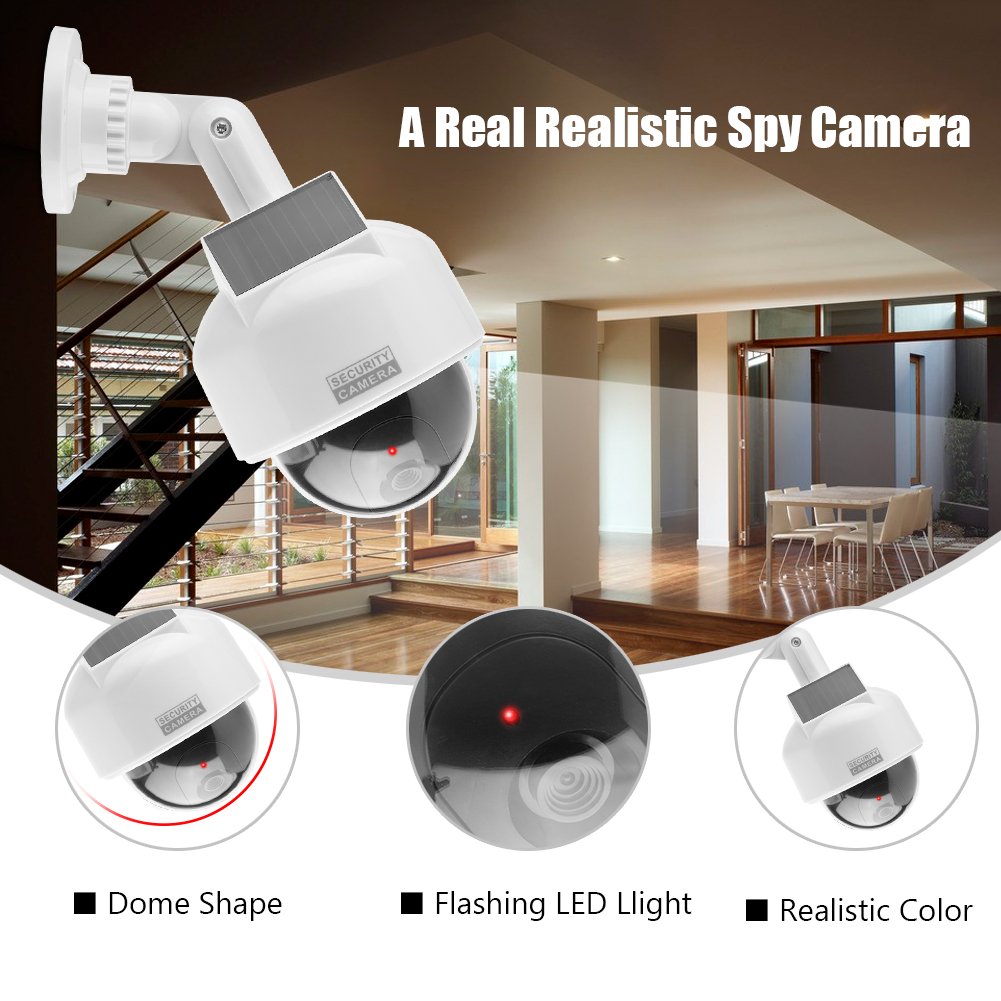 Solar Powered Dummy Camera, Dome Shape Security Fake Camera with Flashing LED for Home/Warehouse