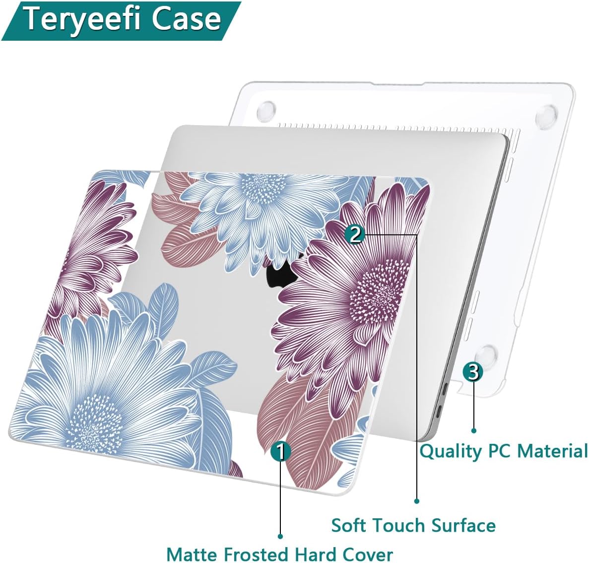 Teryeefi Compatible with M2 M1 MacBook Pro 13 Inch Case A2338 A2289 A2251 A2159 A1989 A1706 A1708 (2024 20203 2022-2016), Hard Shell Case & Keyboard Cover for Mac Pro 13" - W-Flowers
