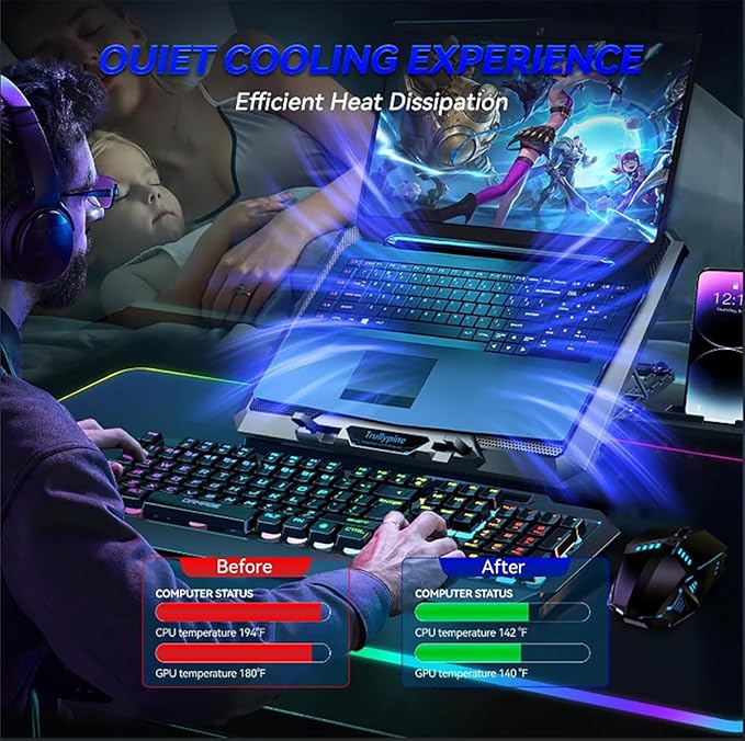 Laptop Cooling pad for Hp Chromebook 11MK G9 EE Gaming laptops Laptop Cooler with 8 Fan Adjustable Speed 5-Level Height Adjustment Mute Silent2 USB-A PortBuilt-in Phone Stand