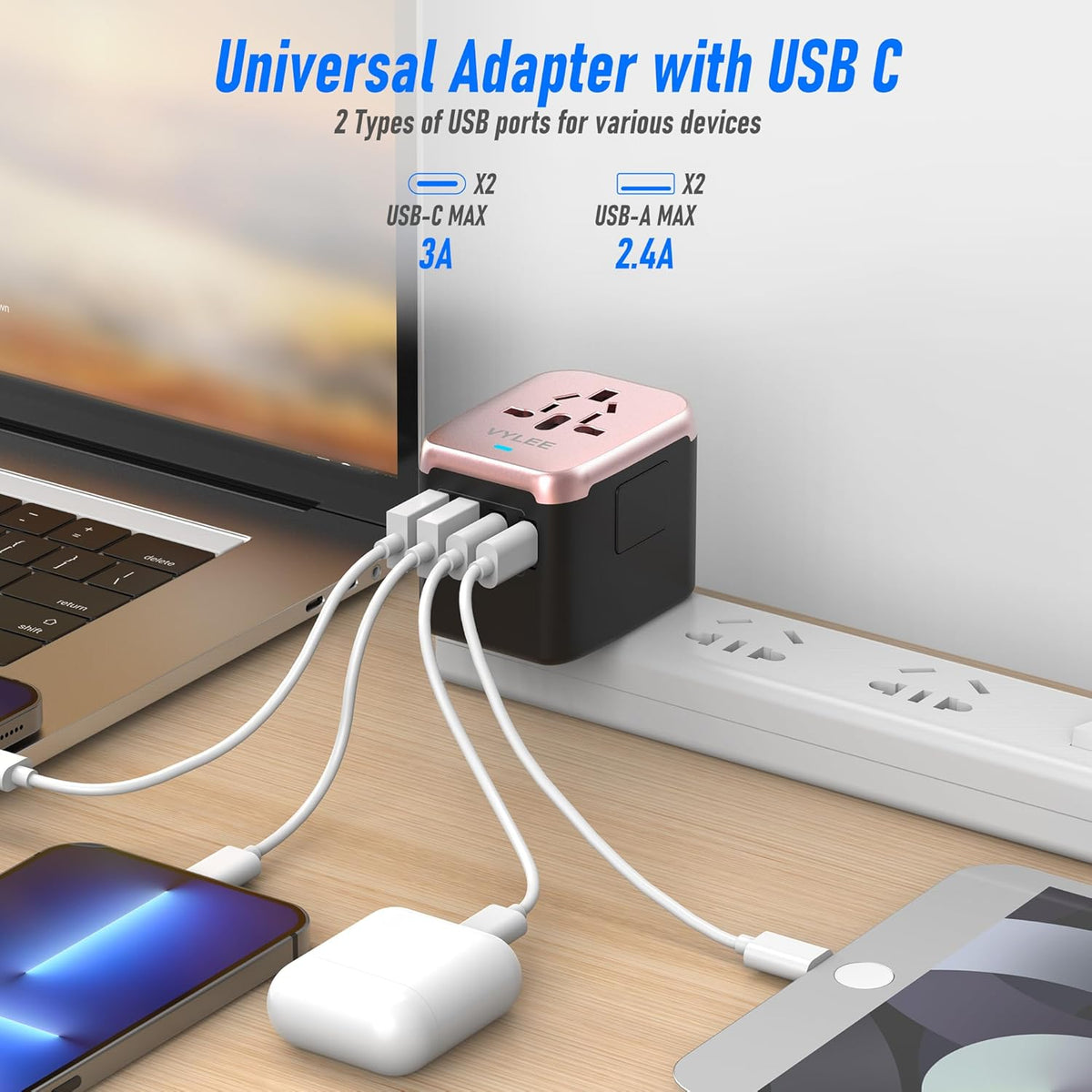 Universal International Power Travel Plug Adapter, 5 in 1 European Travel Plug Adapter W/ 3.5A 2xUSB-A and 2xUSB C Wall Charger and Worldwide AC Outlet for Europe USA UK AUS(Rose Gold)