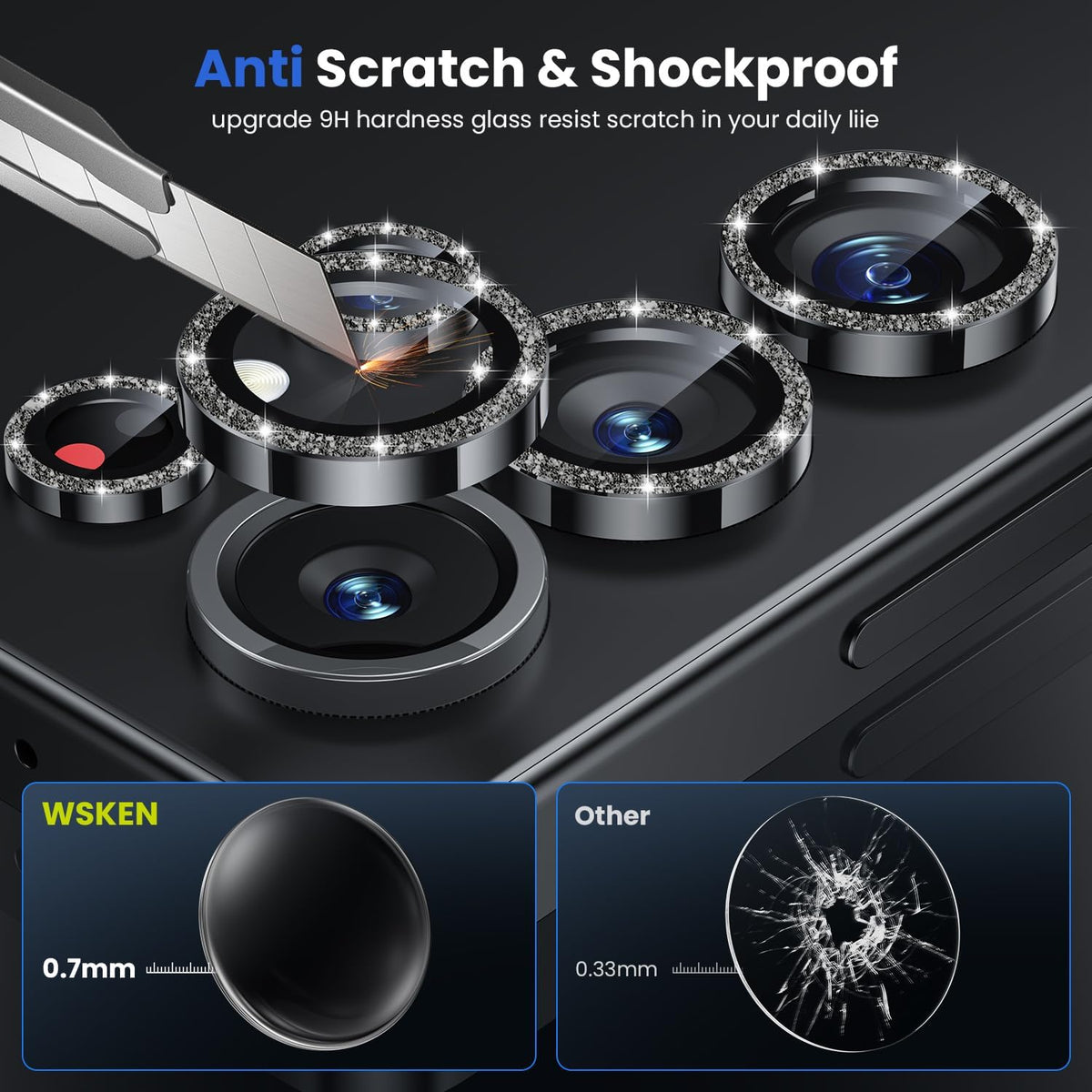 WSKEN for Samsung Galaxy S25 Ultra Camera Lens Protector - Ultra Thin Case Friendly, 9H Shatterproof Tempered Glass with Aluminum Metal Circle Camera Screen Protector Cover Accessories, Glitter Black