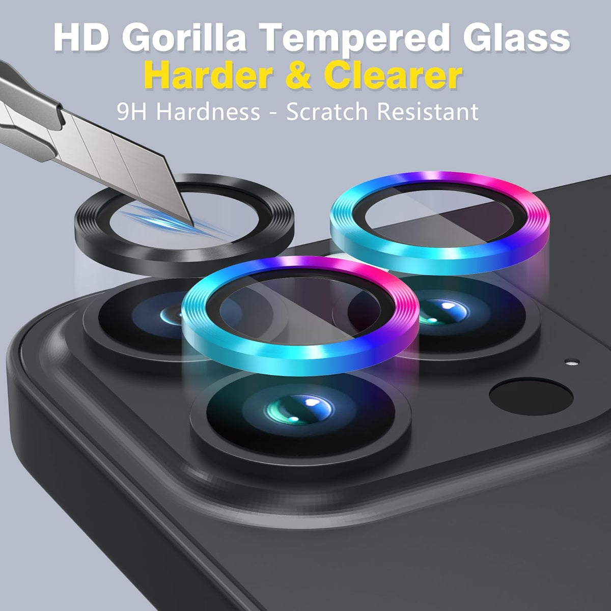 AGVEE 3+3 Camera Lens Protector for iPhone 15 Pro 6.1" / 15 Pro Max 6.7", Brushed Metal Ring 9H Tempered HD Glass Camera Protector Cover Film, Black