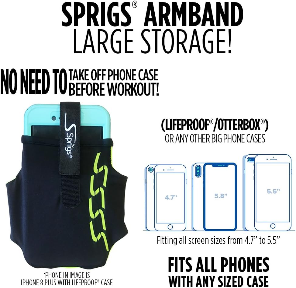 Sprigs Phone Armband Sleeve for iPhone 14, 13, 12, 11, X Galaxy Z, S22, S21, S20 Google Pixel 7, 6, 5. The Lightest & Most Comfortable Running Armband, Stretches to Fit All Phones with Case for Women & Men