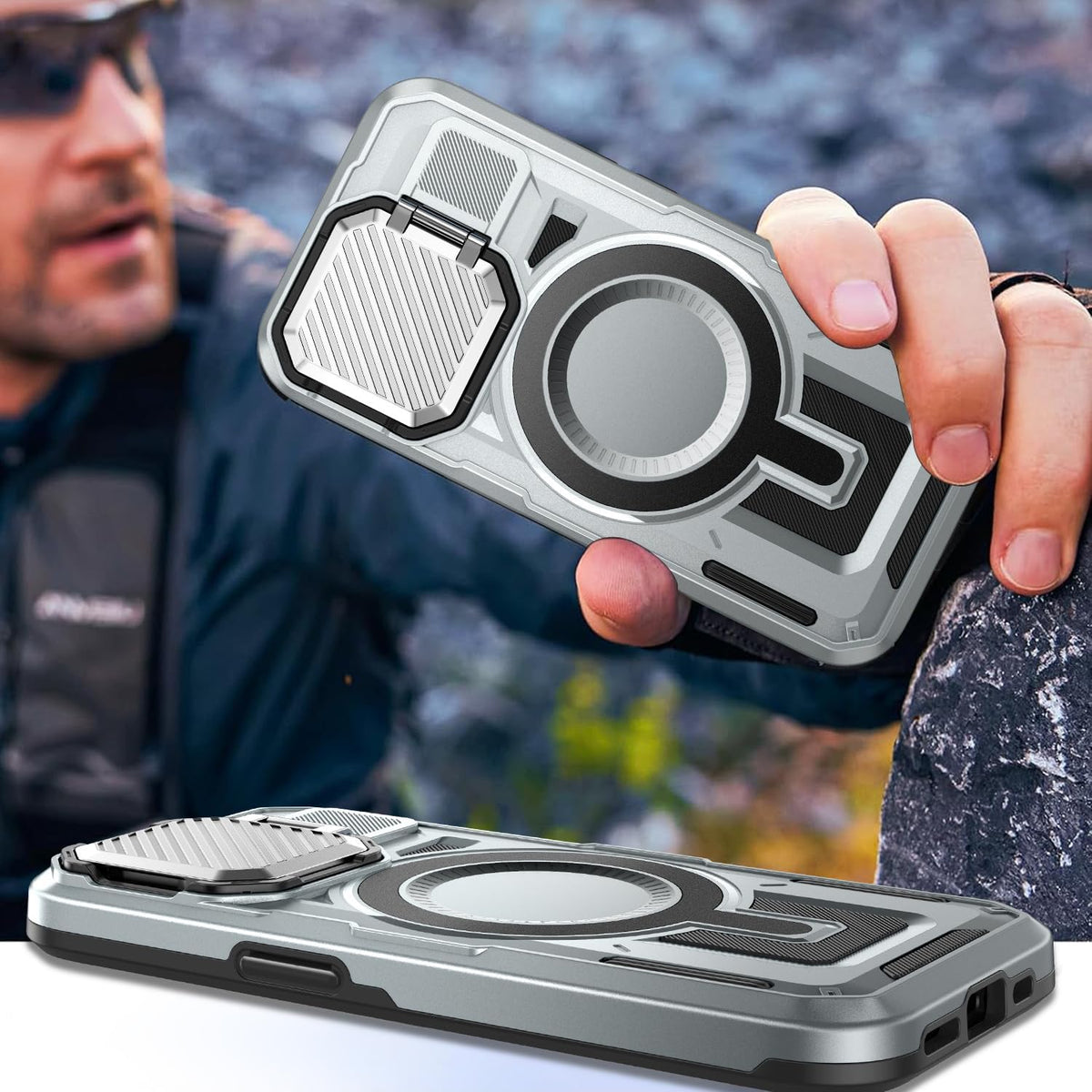 Camera Stand Case for iPhone 14 Plus, [Compatible with Mag Safe] [Lens Cover] 2024 Version Military Grade Protective Soft Case for iPhone 14 Plus 6.7 inch Men Women,Grey