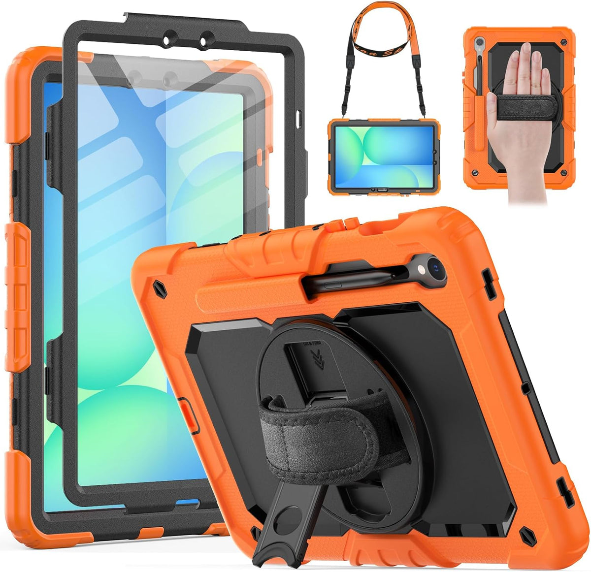 HXCASEAC Case for Galaxy Tab S10 FE / S9 FE 5G 10.9 inch, Shockproof Design with Screen Protector, 360° Hand Strap Stand, S Pen Holder, Heavy Duty Protective Samsung S9 FE / S10 FE Tablet Case,Orange