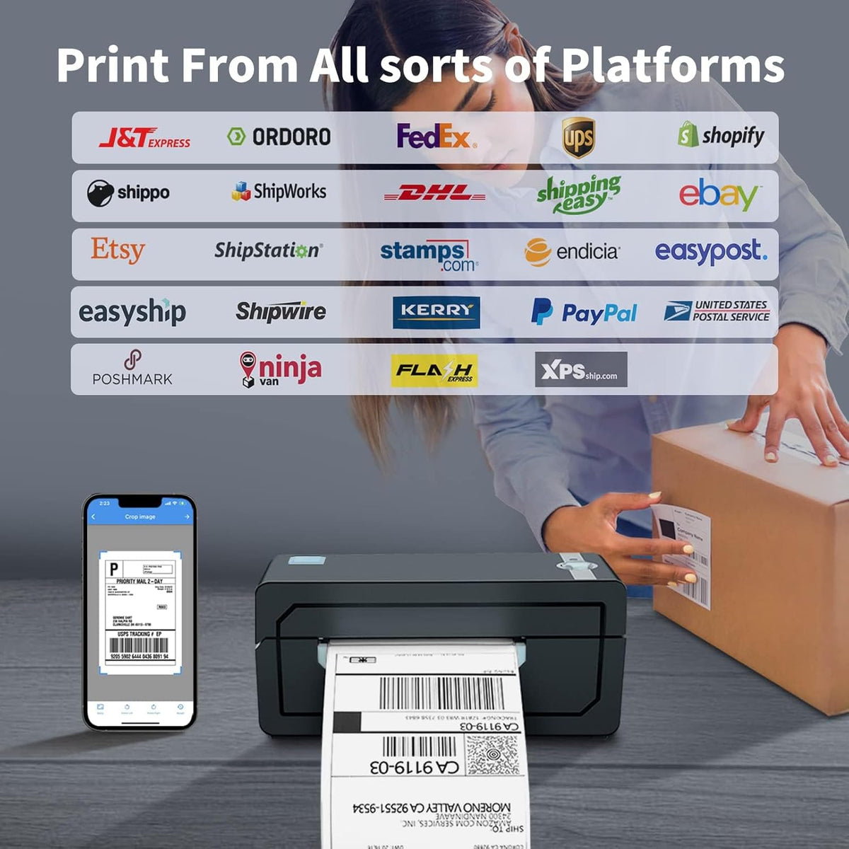 JADENS Bluetooth Thermal Shipping Label Printer – Wireless 4x6 Shipping Label Printer, Compatible with Android&iPhone and Windows, Widely Used for Ebay, Amazon, Shopify, Etsy, USPS