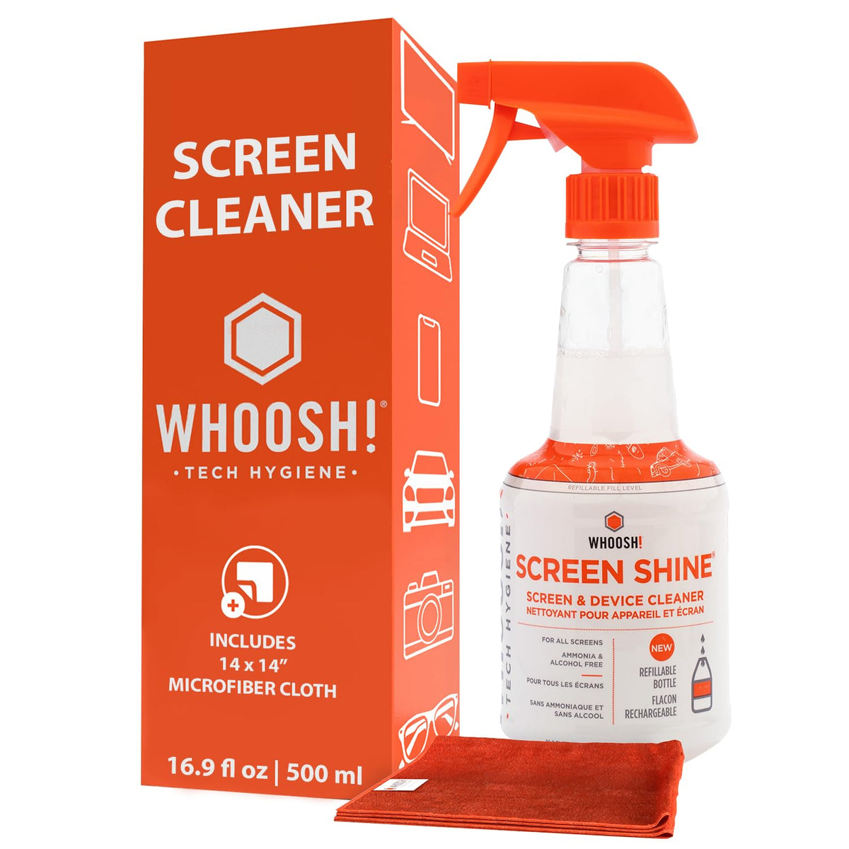 WHOOSH! Screen Shine Pro 16.9 fl oz Refillable Screen Cleaner for TV, OLED, and Monitors - Streak-Free Spray with Microfiber Cloth - Safe for Flat