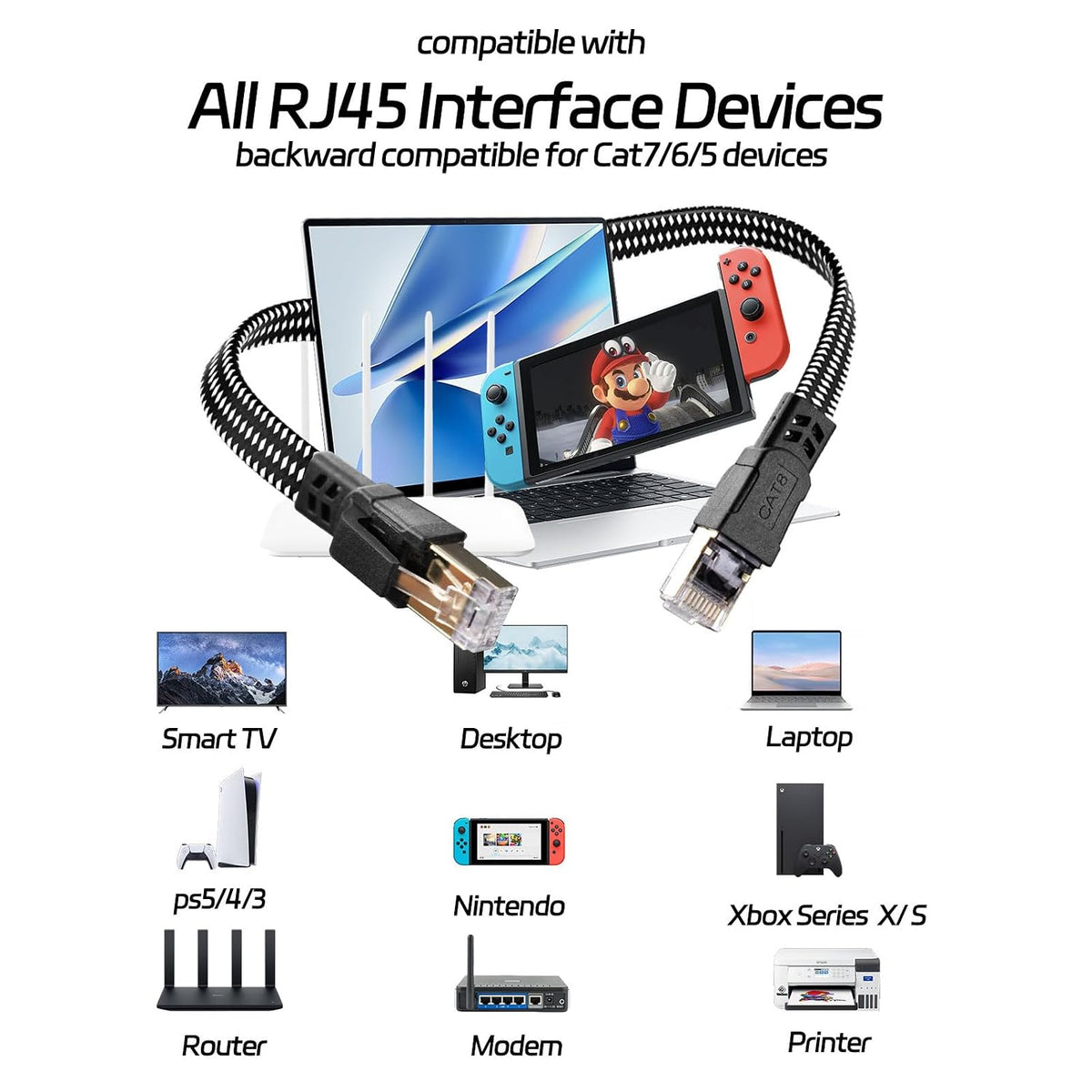 8 3FT, 6FT 10FT 15FT 20FT 25FT 30FT 40FT 50FT 60FT 75FT 100FT RJ45 40Gbps 2000Mhz Cat Ethernet Cables High-Speed