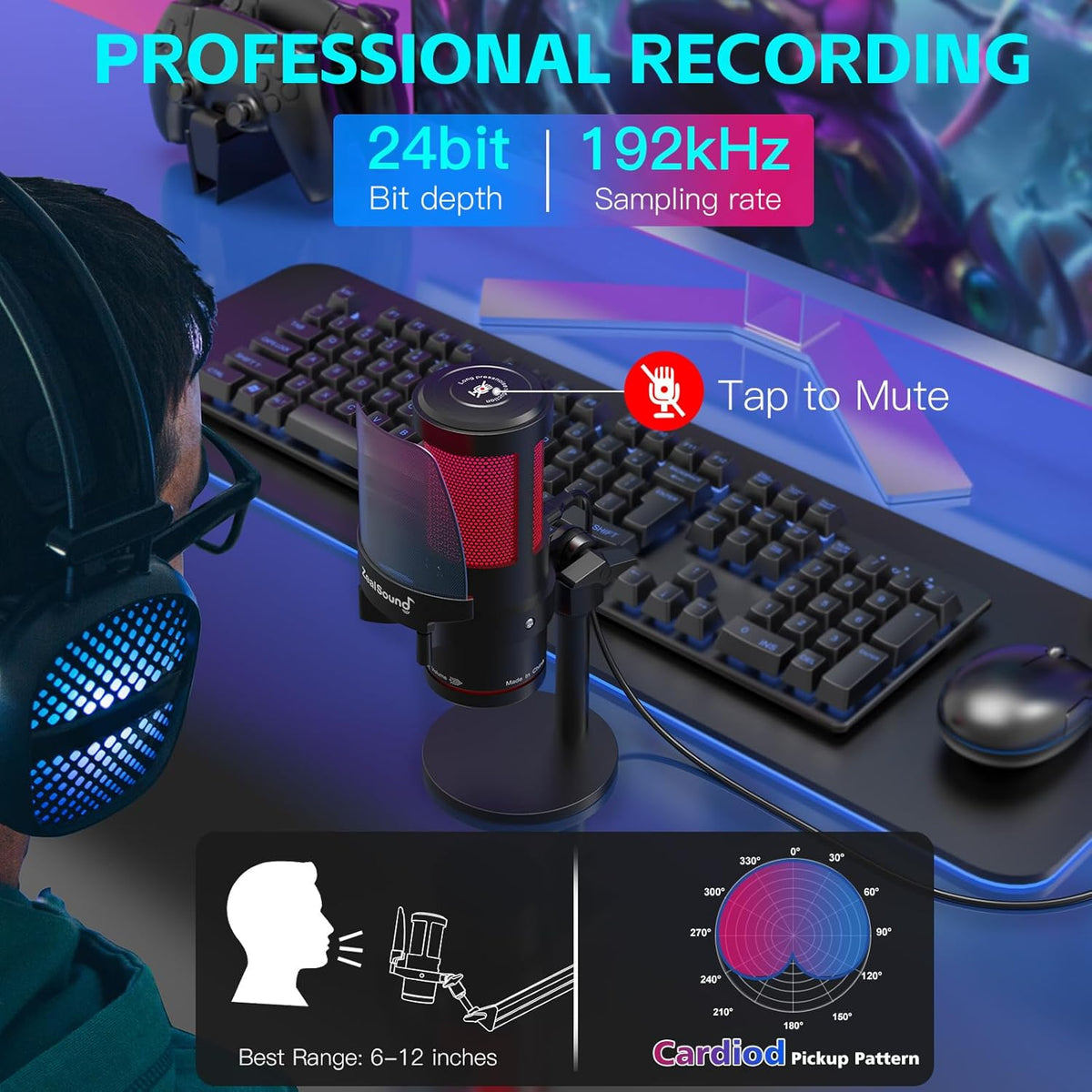 ZealSound Gaming USB Microphone,Noise Cancellation Condenser mic with RGB Light,Touch Mute,Gain,Monitoring for Streaming, Podcast, Twitch, YouTube, Discord, iPhone, iPad,PC,Computer,PS4,PS5,Mac