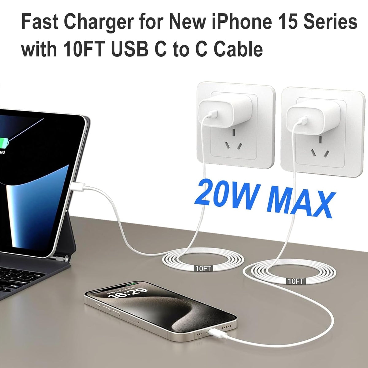 iPhone 15 Charger Fast Charging, 20W USB C Charger Block Plug Brick 10FT USB C to USBC Cable Cord Compatible with iPhone 15/15 Pro/15 Pro Max/15 Plus, iPad Pro 12.9/13/11inch,iPad Mini 6,iPad Air 4/5