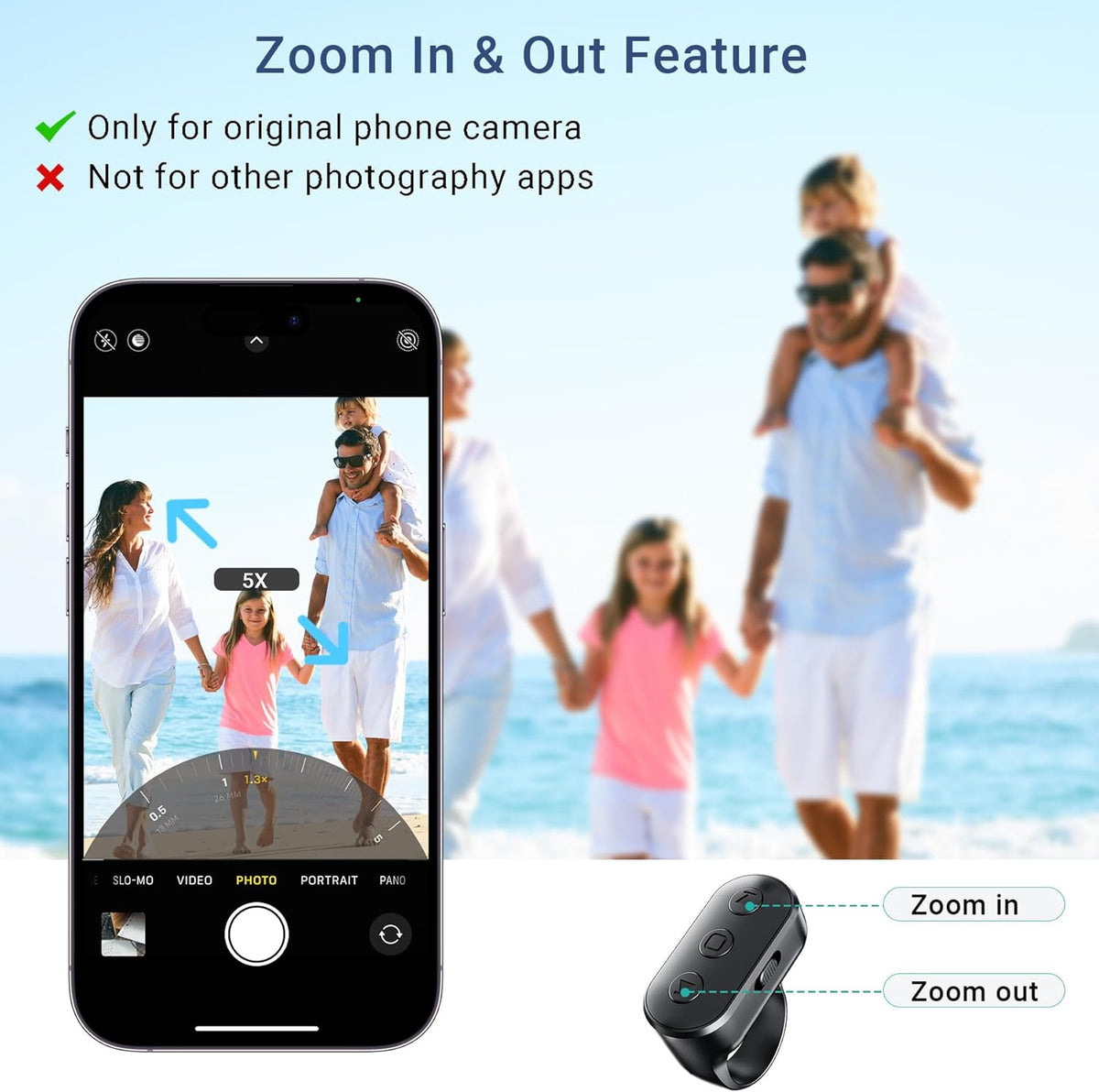 Phone Camera Ring Remote Control with Zoom in/Out, Rechargeable Shutter with Front/Rear Camera Switch for iPhone Android iPad, Hands Free Remote Ring for Photo & Video Recording Content Creator
