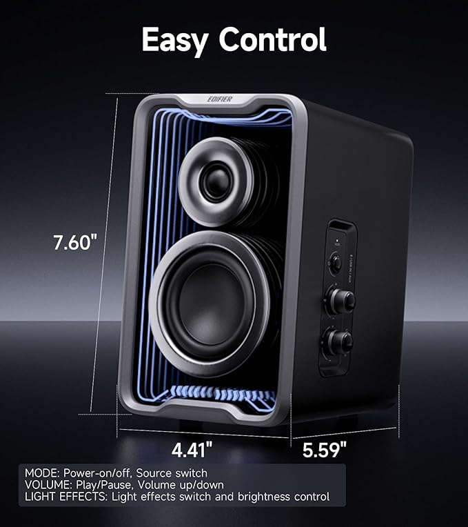 Edifier QR30 2.0 Desktop Active Speaker Compact Bluetooth V5.4 Computer Speakers Wireless Bookshelf Speaker 30W (RMS) 3.5mm AUX &amp USB-A Wired Input Dynamic Light Effects App Control Black