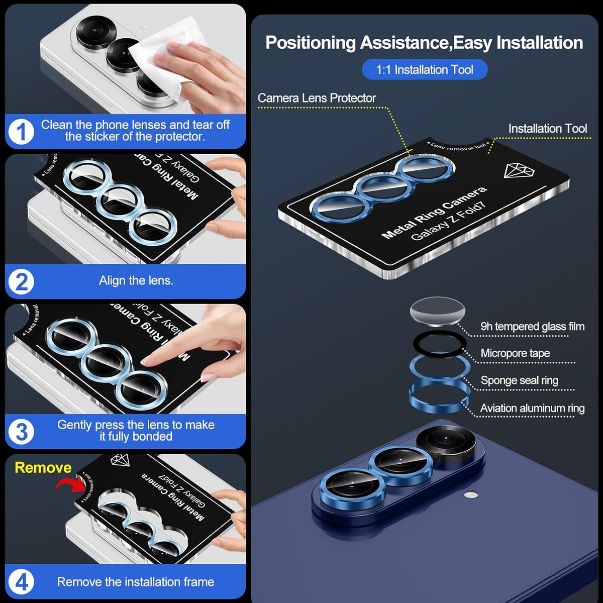 for Samsung Galaxy Z Fold 7 Camera Lens Protector, Individual Metal Ring Tempered Glass Lens Cover, [Strong Adsorption] Scratch Resistant Ultra-Thin HD Clear Lens Cover, 1 Set-Blue Shadow