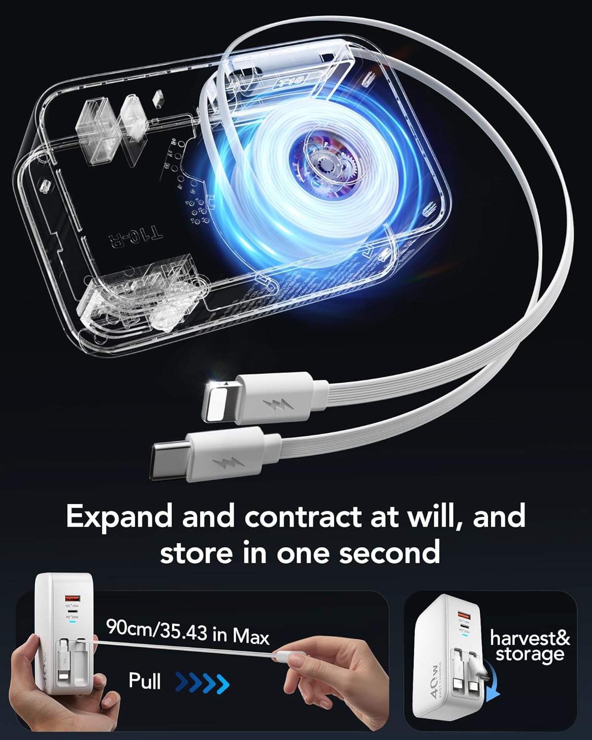 4-in-1 Retractable Gan Wall Charger Plug,Travel Essentials Brick Multiport USB Ports,3ft Lightening and Type C Cables,40W Multi Fast Charging Foldable Block for iPhone 16/15/14/13,iPad,Galaxy,Pixel
