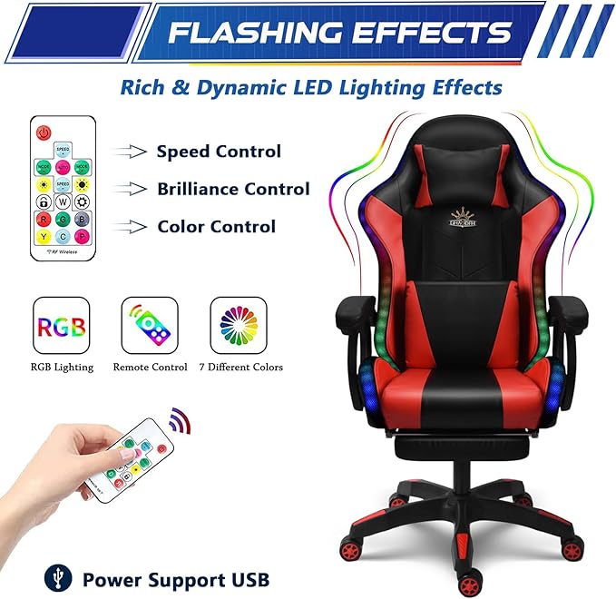 Massage Gaming Chair with Speakers Video Game Chair with RGB LED Lights Ergonomic Racing Office Chair PU Leather Recliner Computer Chair Swivel Chair with Headrest Armrest Lumbar SupportPink