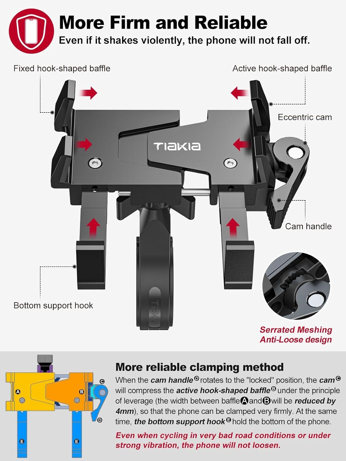 Tiakia Bike Phone Mount Holder, Aluminum Motorcycle Phone Mount, Handlebar Mounted Cell Phone Holder for Bike, 360° Rotation, Universal Bicycle Phone Mount for 4.5-7 Inch Phones