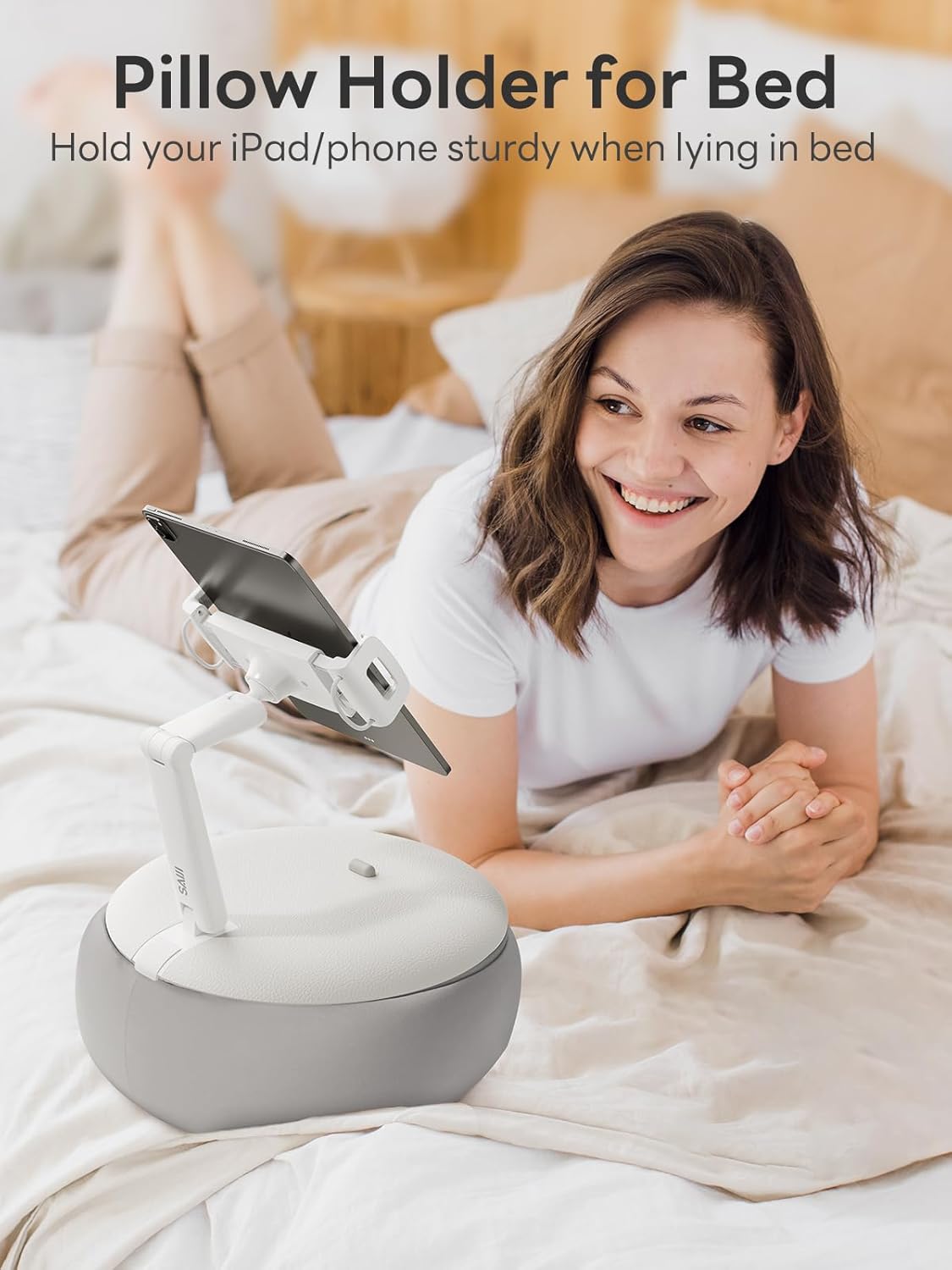SAIJI Kindle Holder Pillow, Tablet Holder Compatible with 4.7-15.6” Kindle, Phone, Ipad, 360° Adjustable Tablet Stand for Bed with Flexible Dual Axis Arm & Microbead Cushion (Gray)