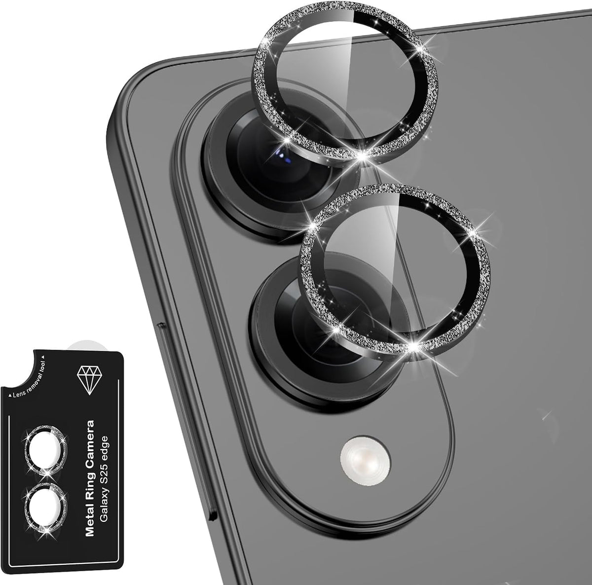 for Samsung Galaxy S25 Edge Camera Lens Protector, Individual Metal Ring Tempered Glass Lens Cover, [Strong Adsorption] Scratch Resistant Ultra-Thin HD Clear Lens Cover, 1 Set-Black Sparkly