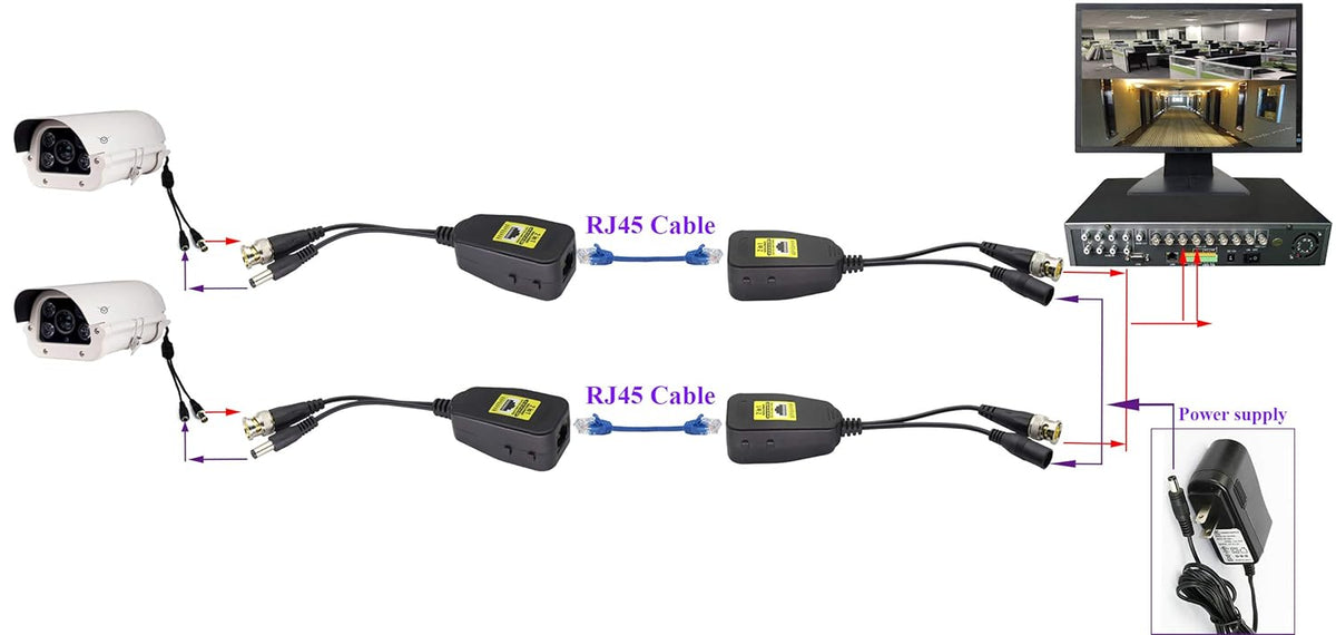 AAOTOKK Cat5 RJ45 720P 960P 1080P 3MP 4MP 5MP 8MP System(18cm-4Pairs) Power Video Balun DC BNC to Network Transceiver