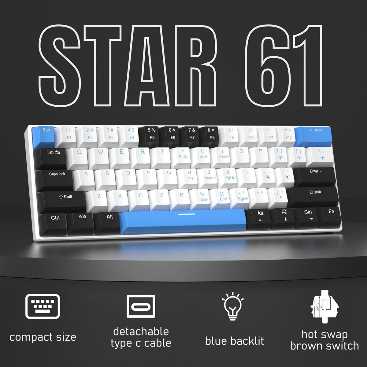 60% Mechanical Gaming Keyboard,Mixed Color Keycaps Gaming Keyboard with Brown Switches, Detachable Type-C Cable Mini Keyboard with Blue LED Light for PC/Laptop