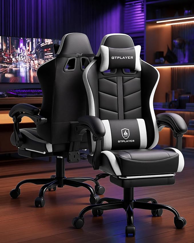 GTPLAYER Gaming Chair Ergonomic Game Computer Chairs with Foot Rest for Adults Adjustable PC Game Chair with Reclining Function and Comfortable Headrest for Home and Office Use (White)