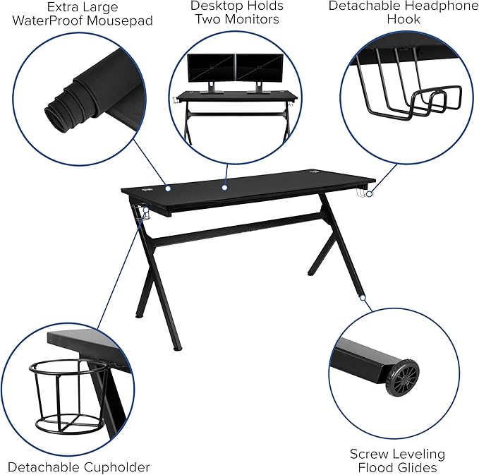 BizChair Gaming Desk and Red Footrest Reclining Gaming Chair Set - Cup Holder/Headphone Hook/Removable Mouse Pad Top/Wire Management