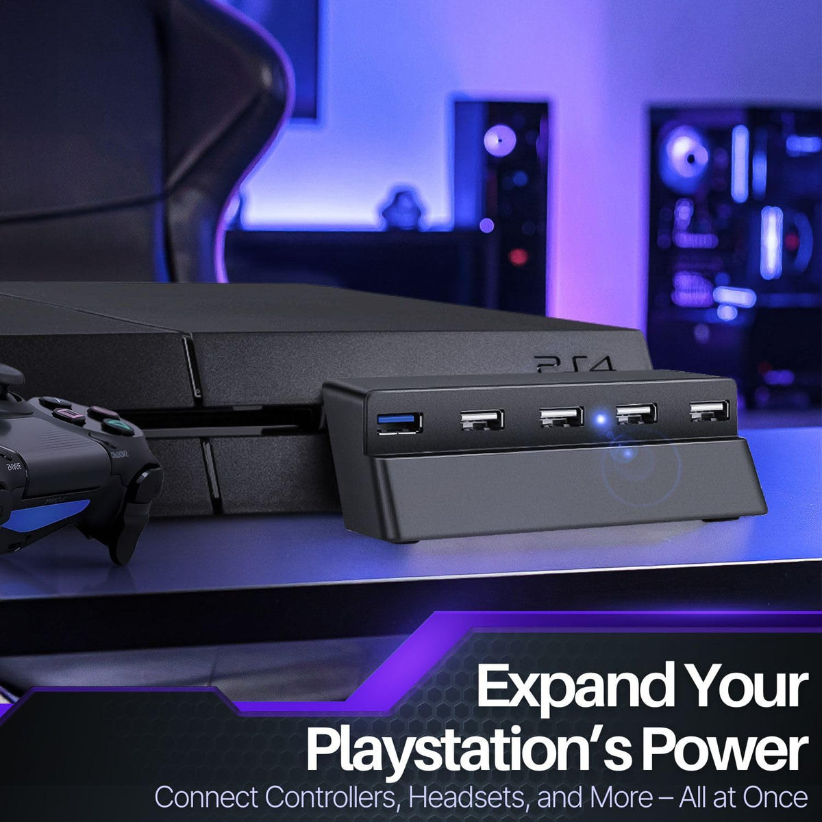 TNP 5 Port USB Hub for PS4 Slim Edition - USB 3.0/2.0 High Speed Extender Adapter Accessories Expansion Hub Connector Splitter Expander