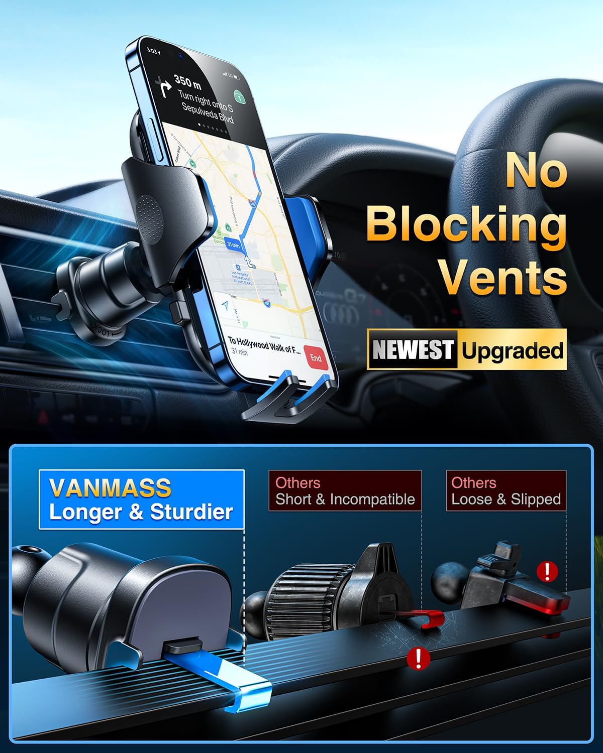 VANMASS [Longest Lasting] True Military-Grade Car Phone Holder Strongest Suction & Clip Cell Mount Dashboard Windshield Vent Automobile Cradle Truck Accessories for iPhone 16 15 Pro Max 14 13 Android