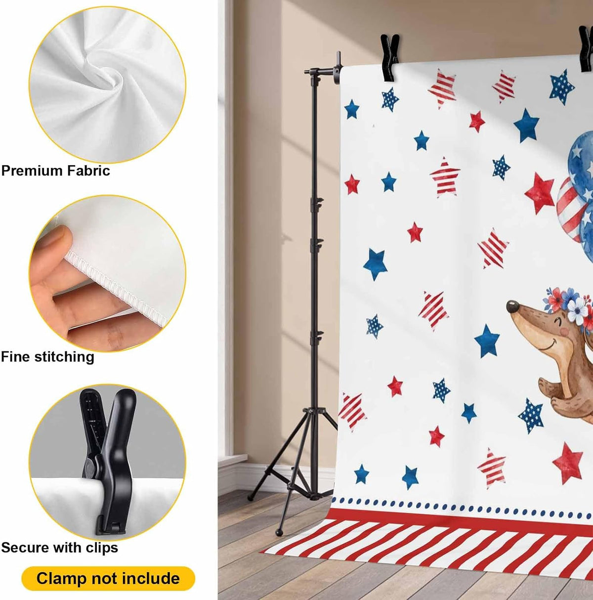 Generic 10 8 Independence Day Photo Backdrop for Photoshoot, x FT Flag Day Sausage Dog Blue Red Star Balloon Photo