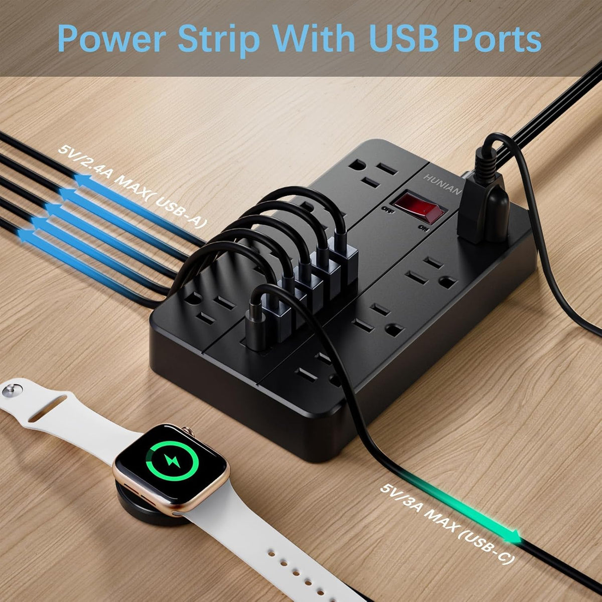Power Strip Surge Protector, HUNIAN Flat Plug 10 Ft Long Extension Cord with 8 Widely Spaced Outlets 6 USB (1 USB C Port), Wall Mount Charging Station for Home and Office