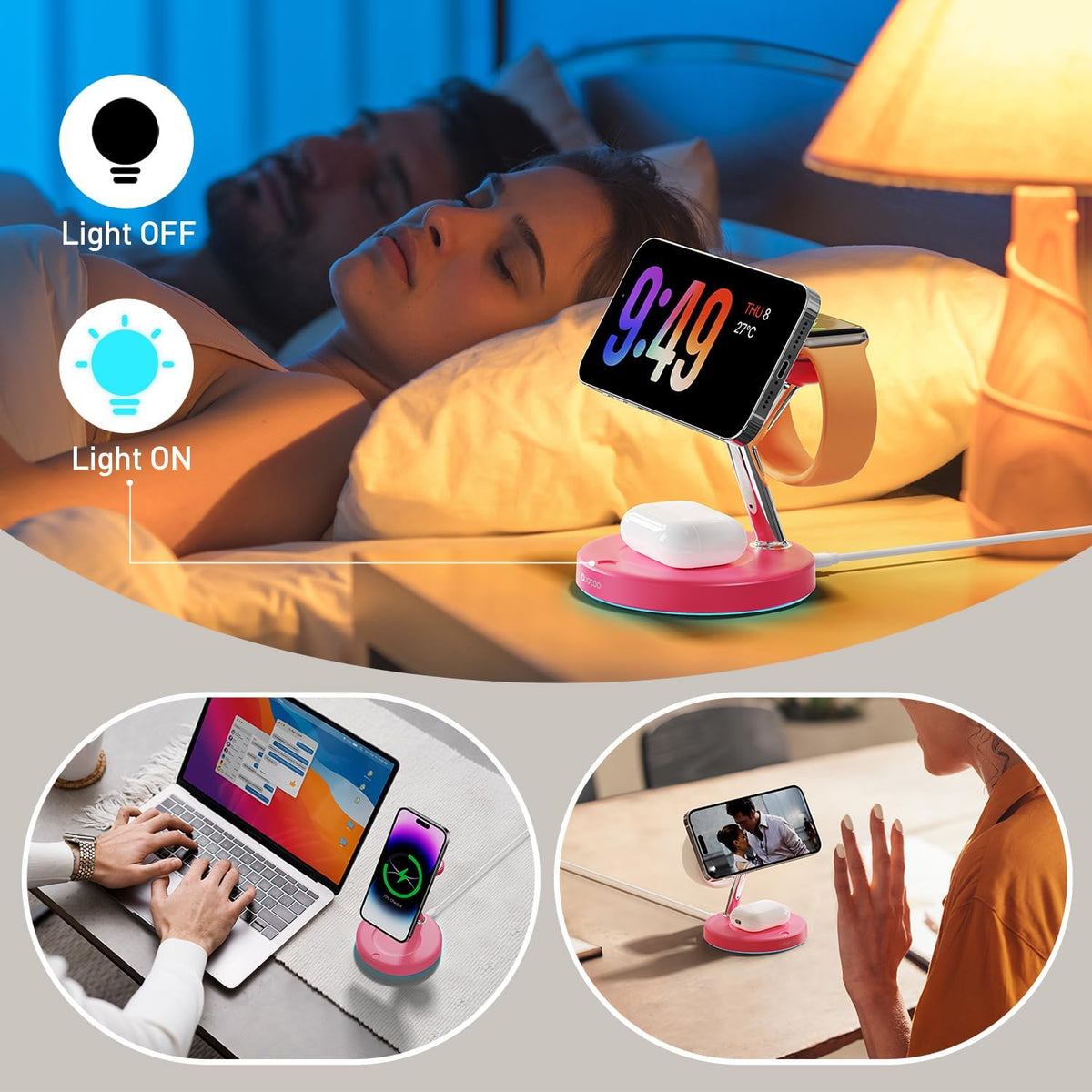 3 in 1 Charging Station Compatible with Mag-Safe Charger Wireless Charger Stand for iPhone 16 15 14 13 12 Series Wireless Charging Station for AirPods Wireless Charging Stand for iWatch Series (Red)