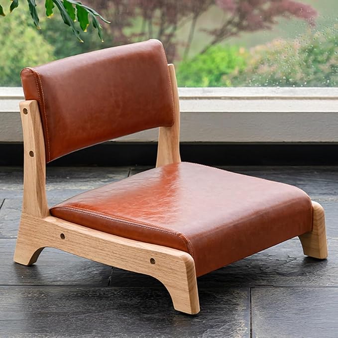 BTZHY Floor Chair Wooden Tatami Chair Floor Chair with Upholstery Lazy Susan Meditation Floor Seat for Bay Window Living Room Bedroom(Orange LeatherWood)