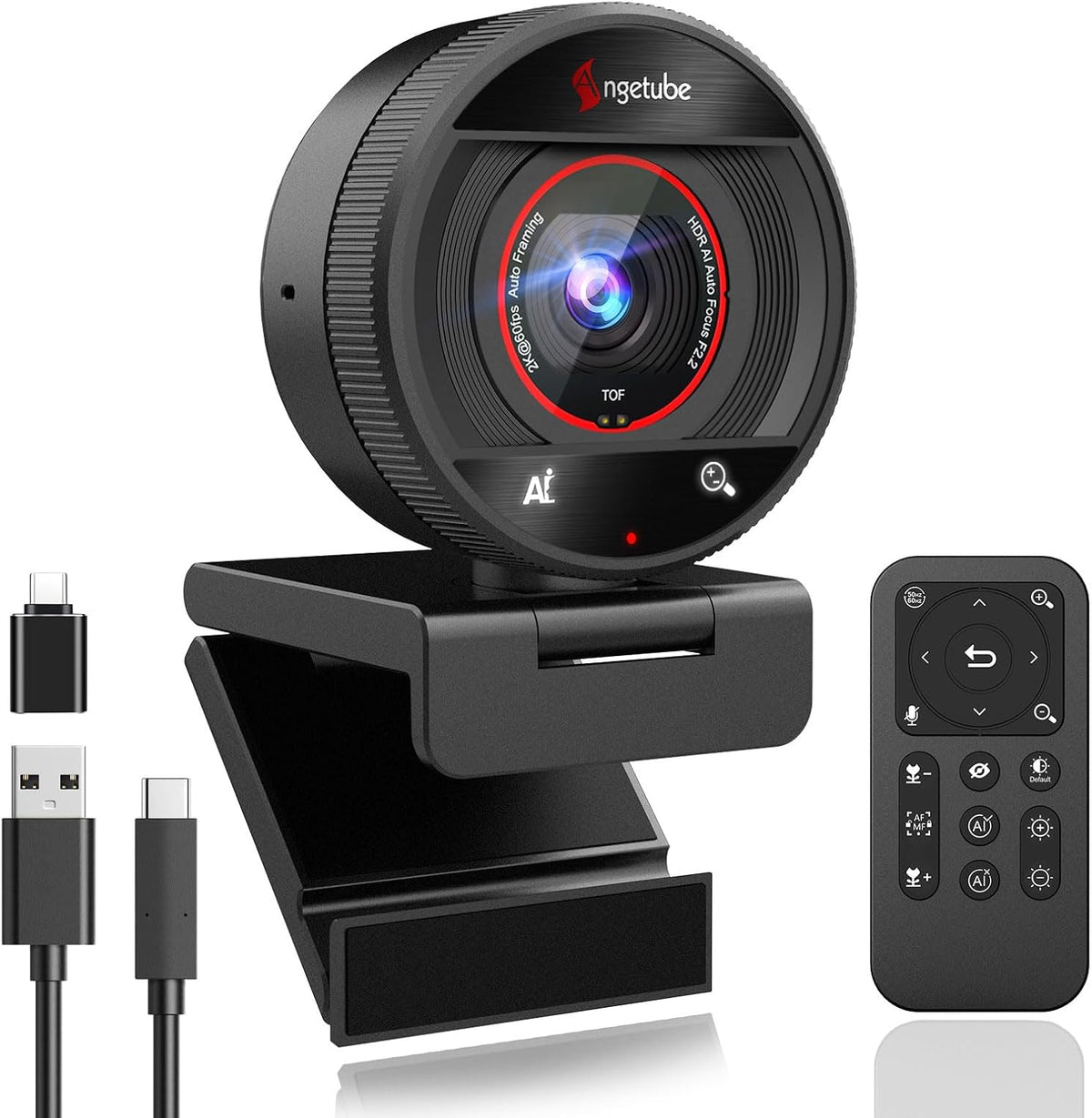 Angetube AI Webcam for PC - 1080p/2K@60FPS HD Web Camera with Remote Control, 8X Digital Zoom Webcam, Privacy Cover, TOF Auto Focus, HDR, USB 3.0 Web Cam Work with Zoom, Skype,Teams, Windows,Mac