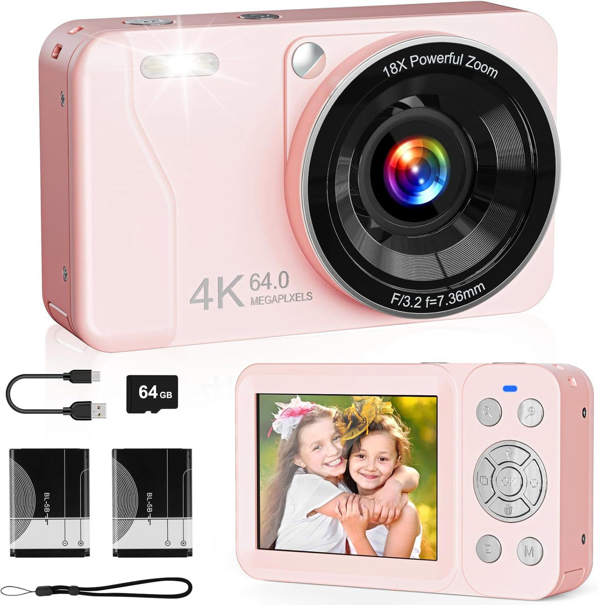 HSZTJJYP 4K 64MP, 18X 64GB 2 Digital Camera, Zoom, Point and Shoot Digital Camera with TF Card & Batteries, Portable