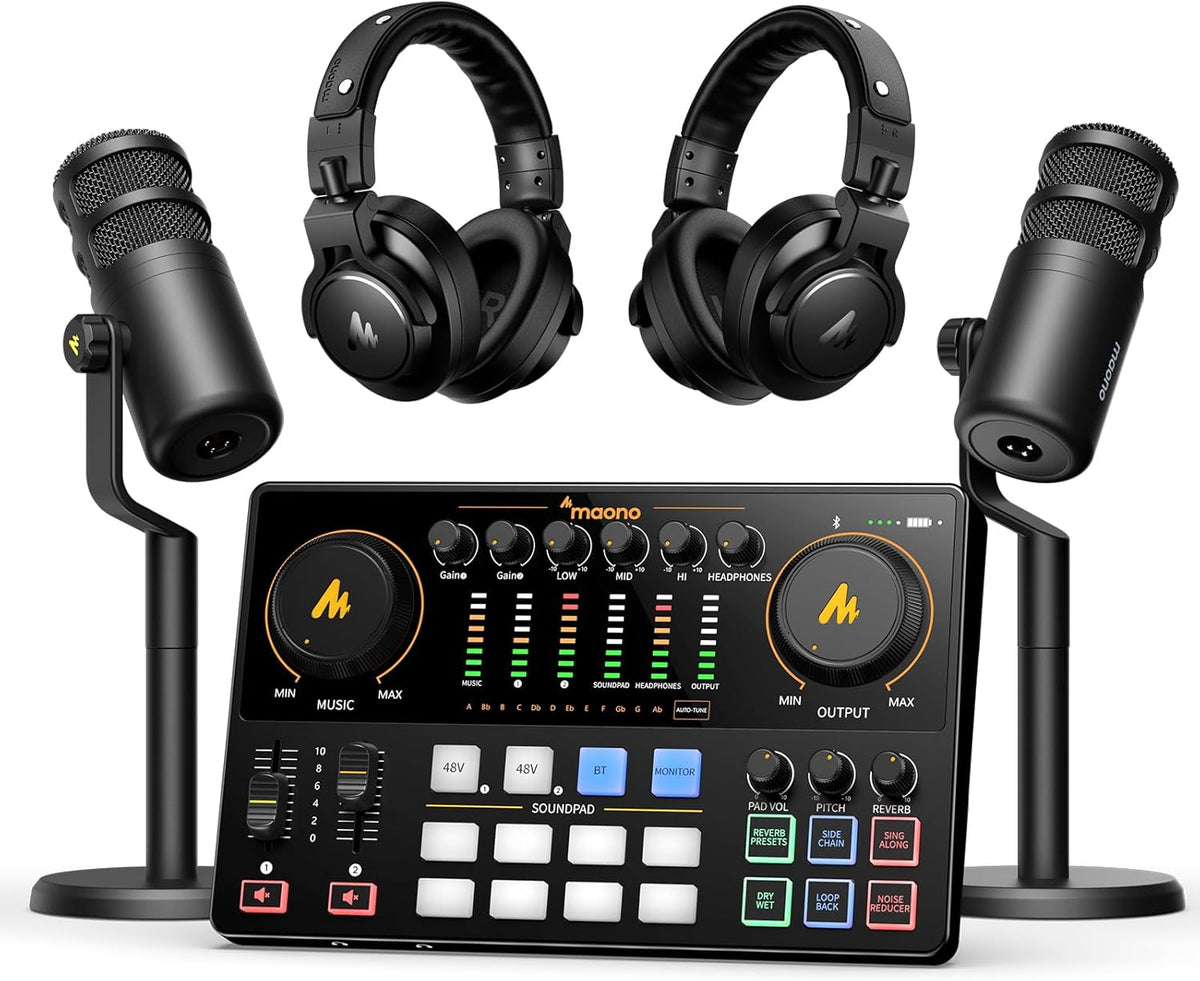 MAONO Podcast Equipment Bundle for 2: Audio Interface Mixer with 2 XLR Dynamic Mic and 2 Headphone Noise Reduction Podcast Streaming MaonoCaster E2 Gen2