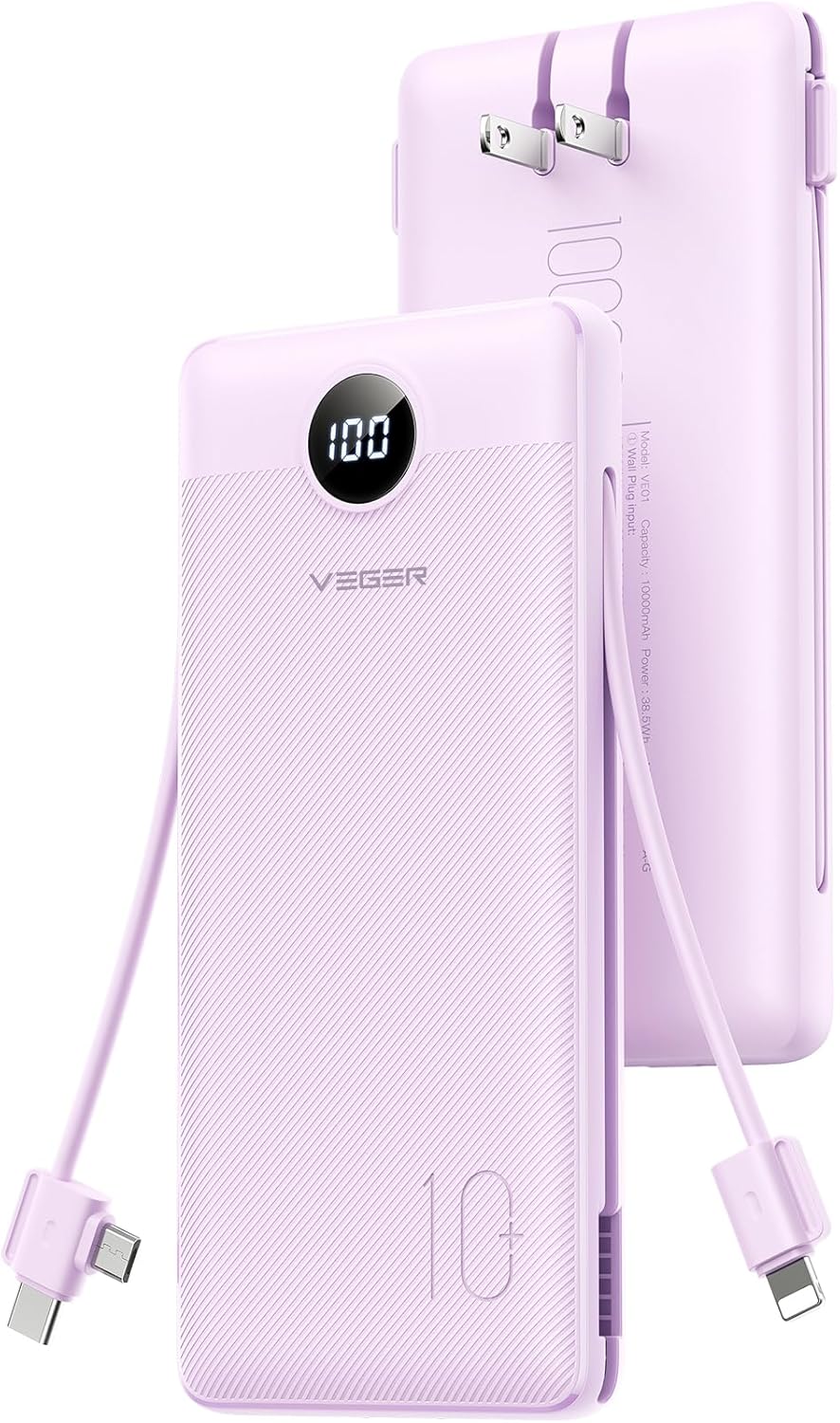 VEGER Travel Essential AC Wall Plug Portable Charger, 10000mah Slim Portable Charger Built in Cables, USB C Power Bank 15W Fast Charging, Battery Pack Compatible with iPhone, Android and More(Purple)