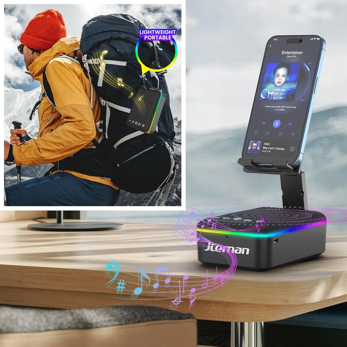 JTEMAN Gifts for Men Women,Cell Phone Stand with Bluetooth Speaker,LED Light,and Lanyard,Cool Tech Gadgets,Unique Birthday Gifts for Men Husband Mom Dad
