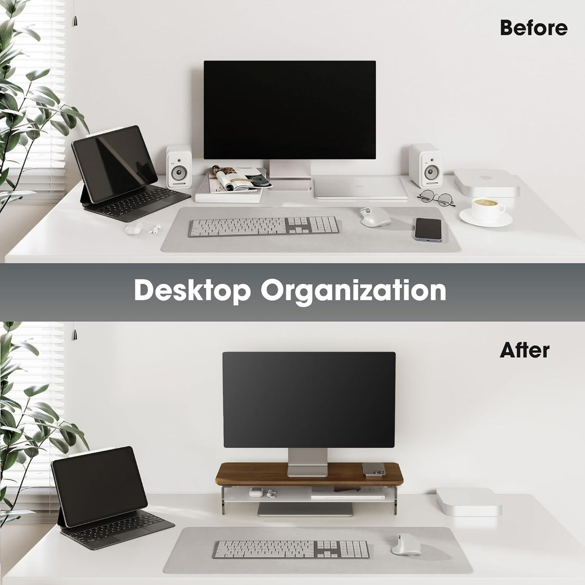 Fenge Acrylic Monitor Stand Riser, 23.6 Inches Monitor Stand with Metal Storage, 2 Tier Acrylic Computer Riser for Desk, Clear Laptop Stand for PC, Laptop, Printer, TV